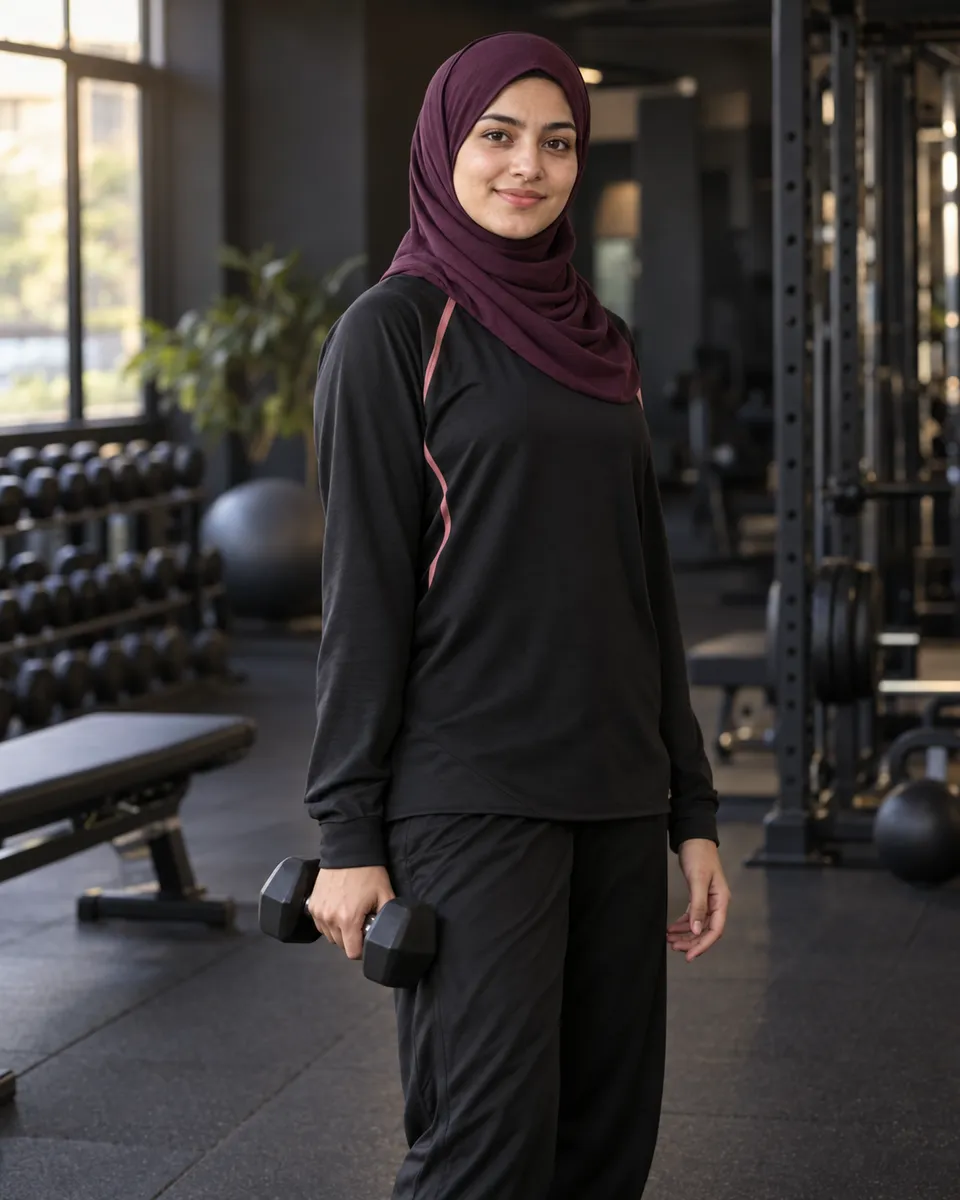 A smiling young woman in a plum sports hijab and modest black workout clothes, holding a dumbbell in a gym